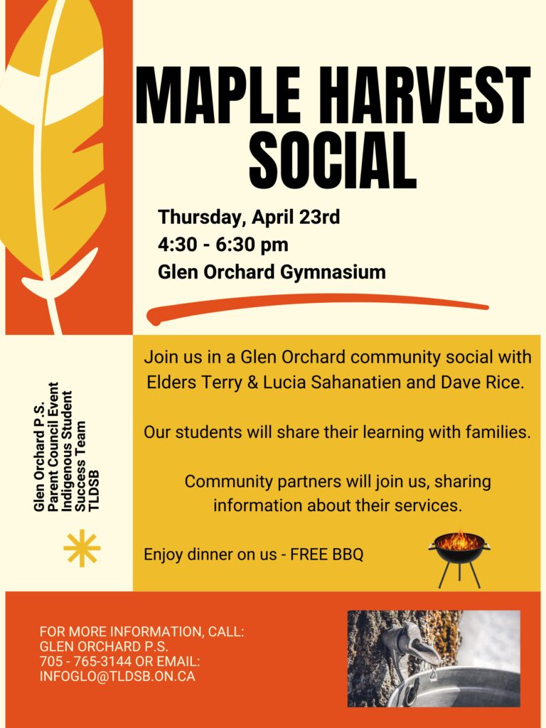 Maple Harvest Social poster. Images include a feather and a maple bush